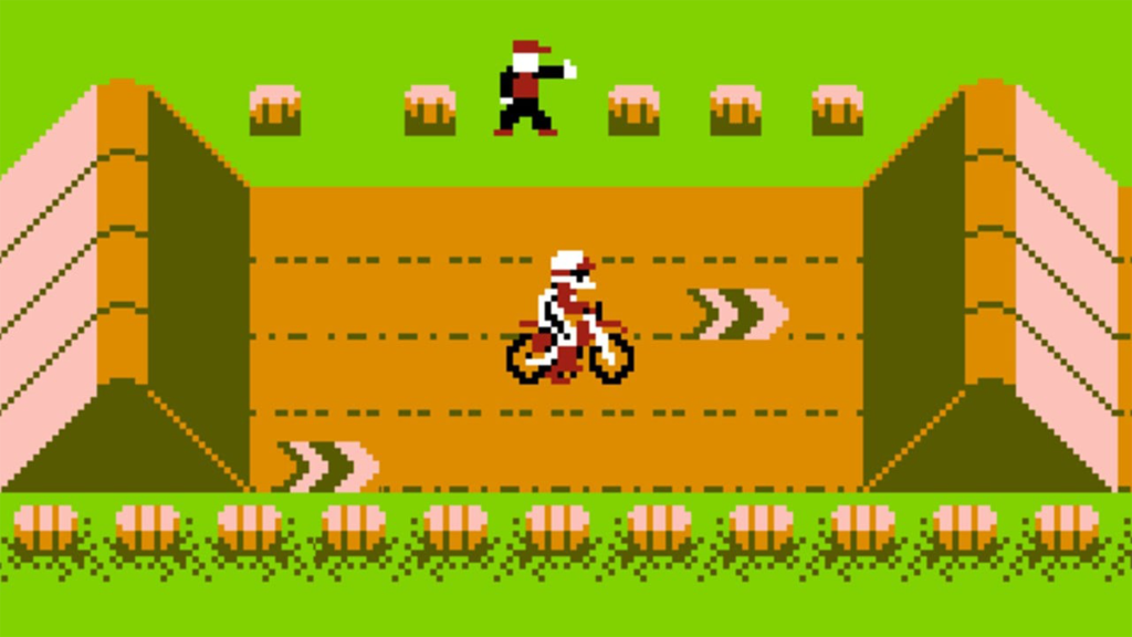 A screenshot from Excitebike on the Nintendo Entertainment System.