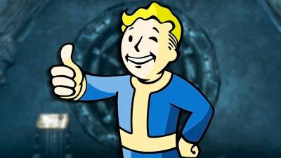 The Fallout Vault Boy with his thumb up in front of Vault 101.