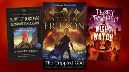 The covers of A Memory of Light, The Crippled God, and Night Watch