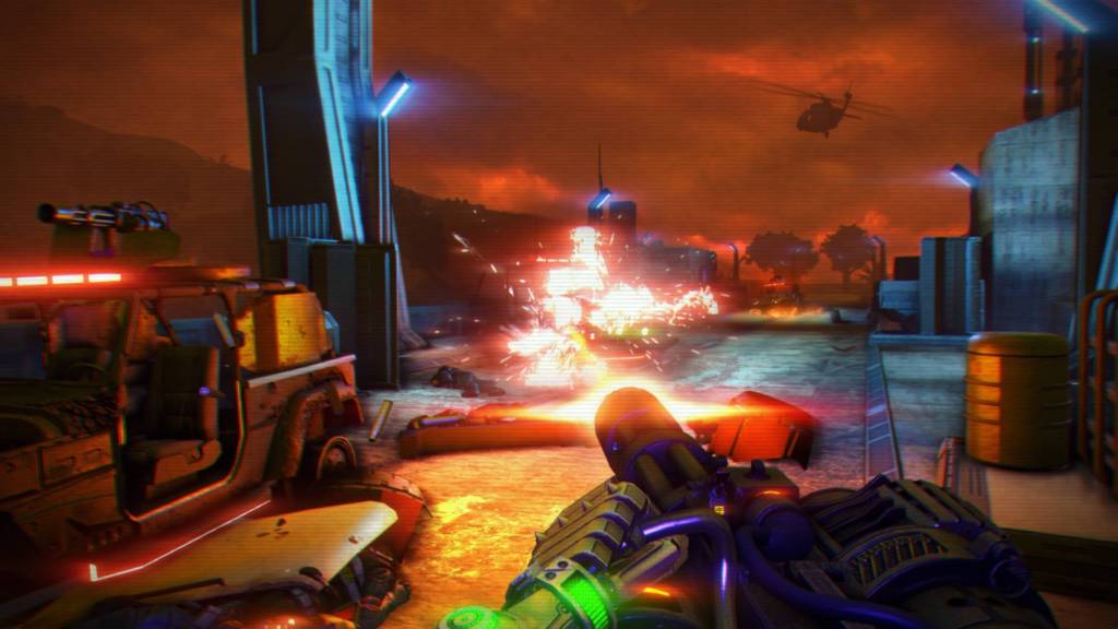 The player shooting enemies with a minigun in Far Cry 3 Blood Dragon