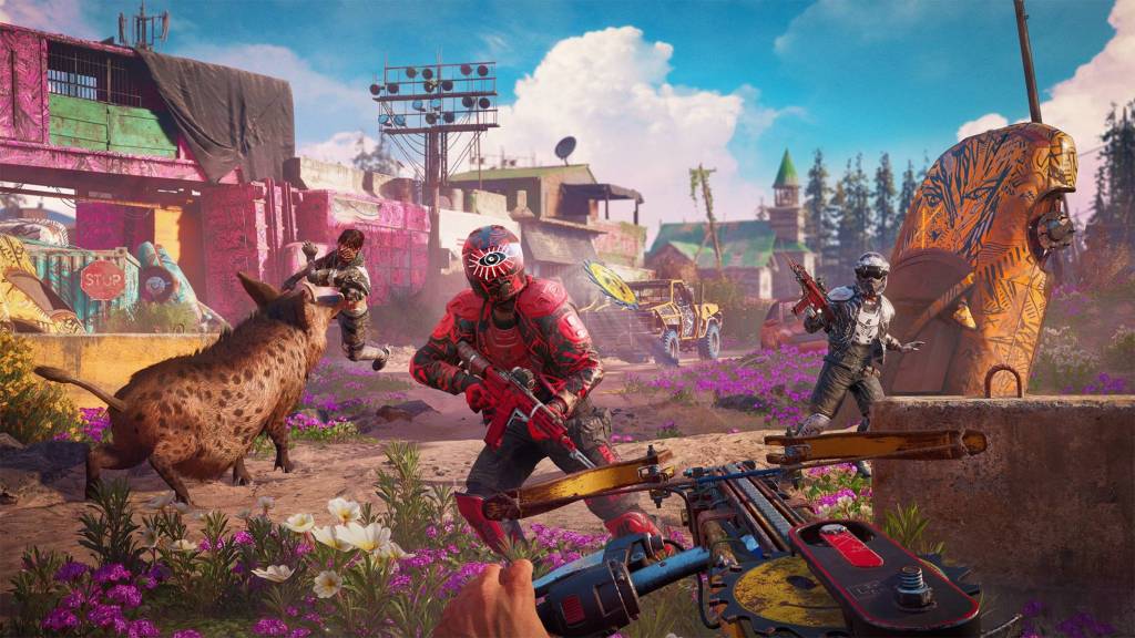 The player aiming their saw gun at an approaching enemy in Far Cry: New Dawn