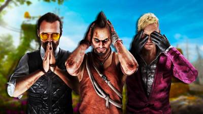 Villains from Far Cry 3, 4 and 5 in front of Far Cry New Dawn key art.