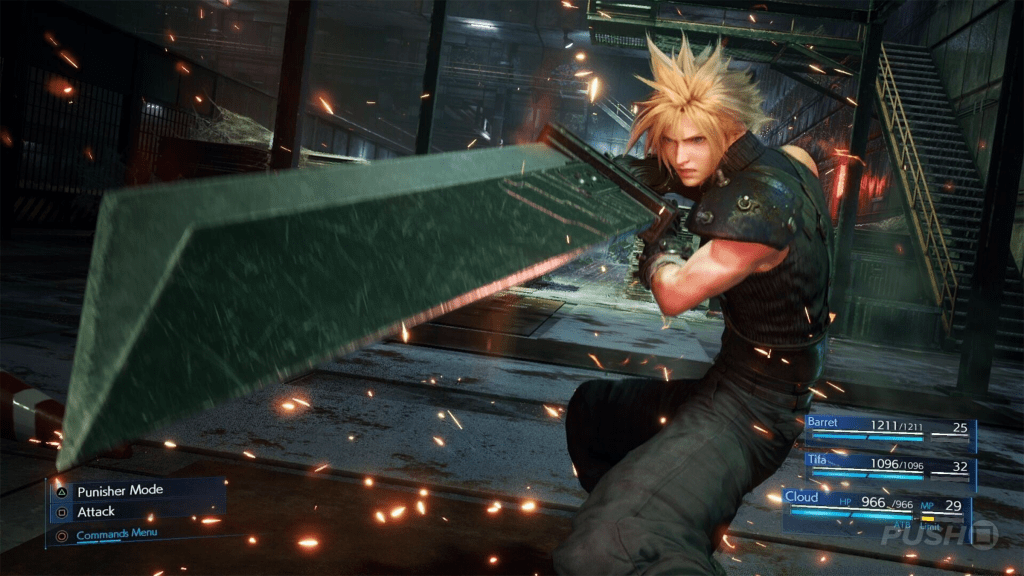 A screenshot from Final Fantasy VII Remake, showing Cloud and his massive sword.