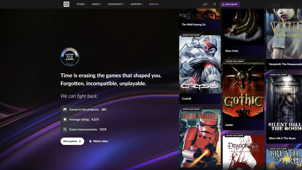 GOG Preservation program landing page.