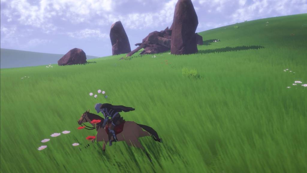 The player riding a horse across an open world in Gedonia.