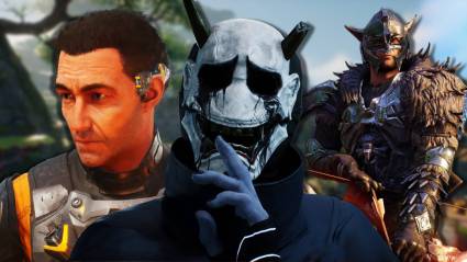 Characters from Outcast: A New Beginning, Ghostwire Tokyo, and Elex in front of gameplay from Outcast: A New Beginning.