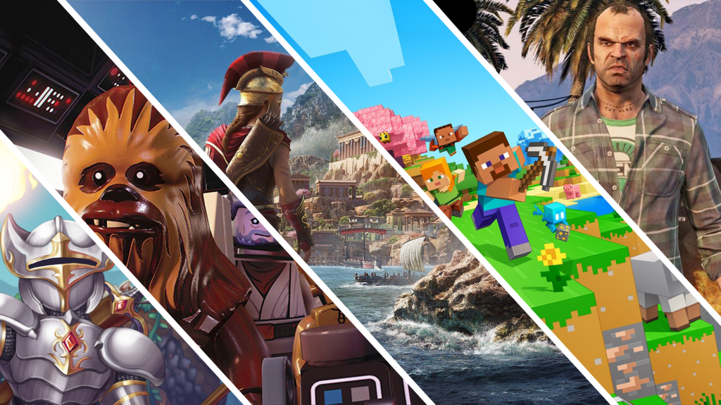 Screenshots and promotional artwork from Terrarria, Assassin's Creed: Odyssey, LEGO Star Wars: The Skywalker Saga, Minecraft, and GTA V.