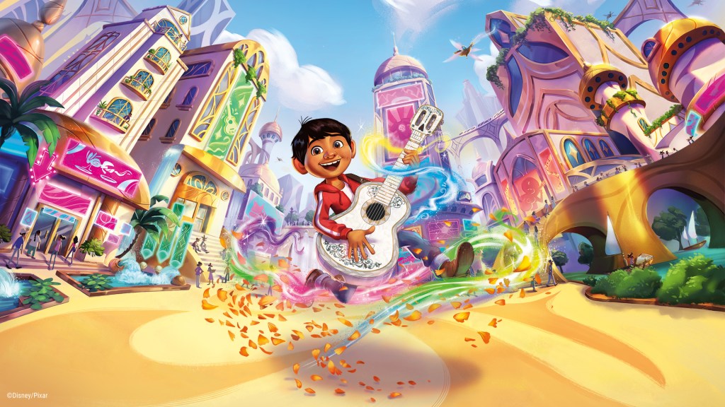 Imagem do conjunto Hyperia City de Disney Lorcana, com tema de Coco