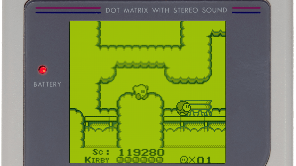 A screenshot from Kirby's Dream Land playing on the Nintendo Game Boy.