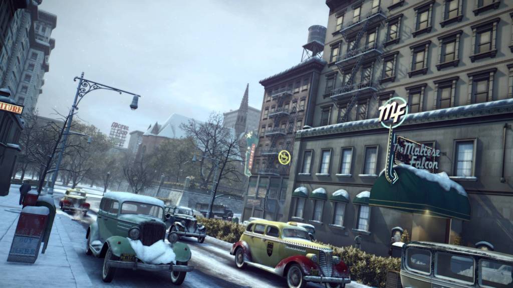 Cars driving through the city in Mafia 2.