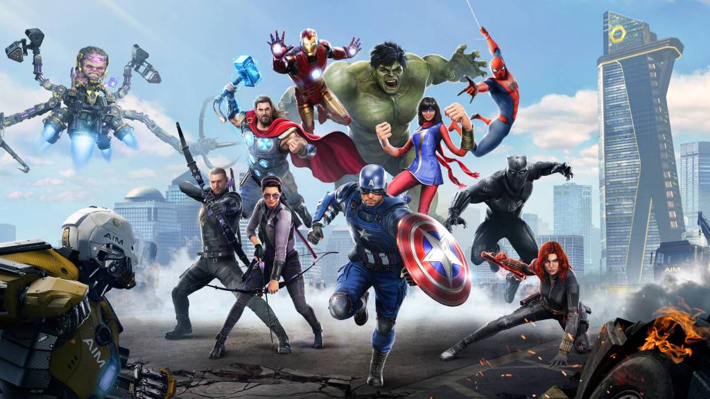 Marvel's Avengers key art featuring the cast all leaping towards AIM bots.