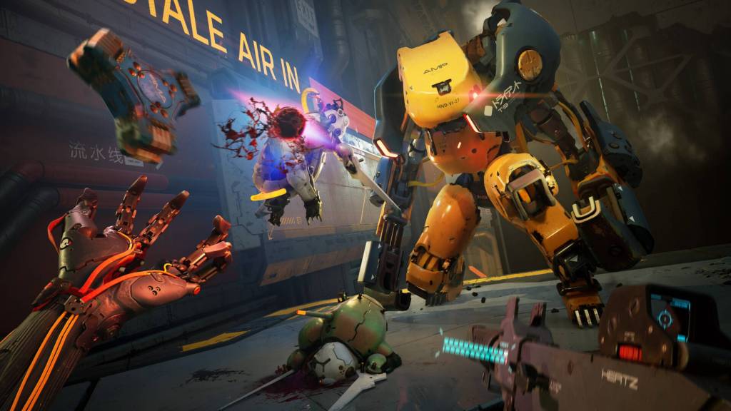 The player shooting enemy robots in Metal Eden