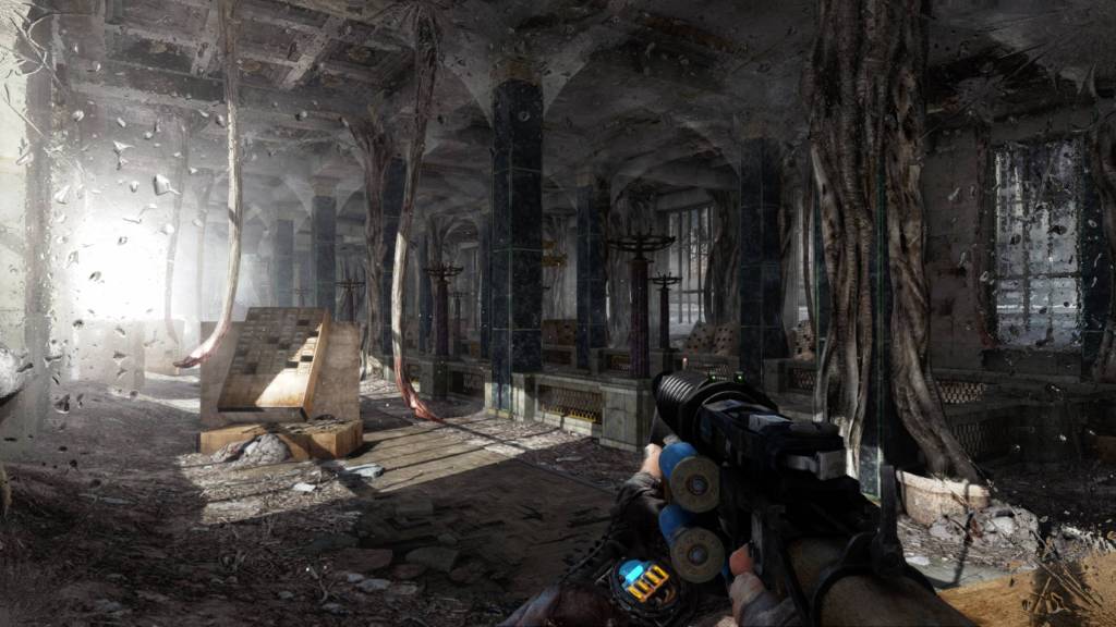 The player walking through an abandoned building in Metro 2033 Redux.