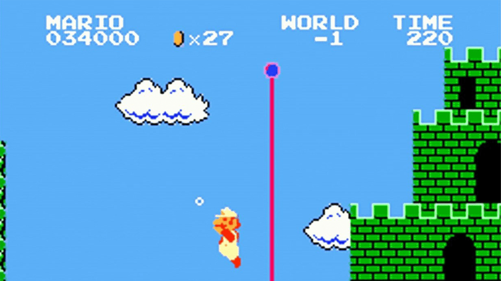 A screenshot from Super Mario Bros. on the Nintendo Entertainment System.