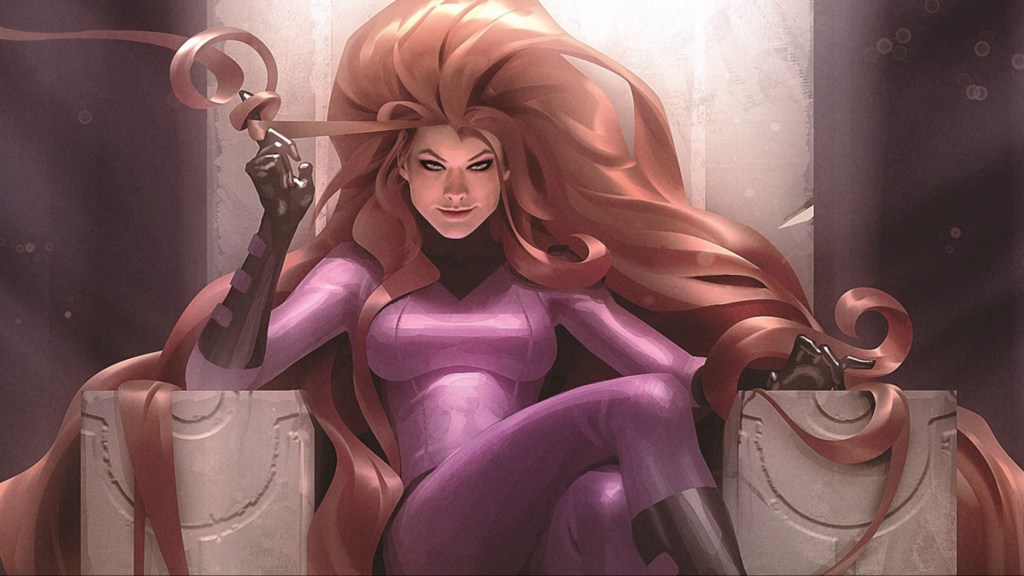 Medusa playing with her hair while sitting on a throne