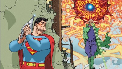 Superman hiding behind a wall, as Lex Luthor and Solaris attack Metropolis