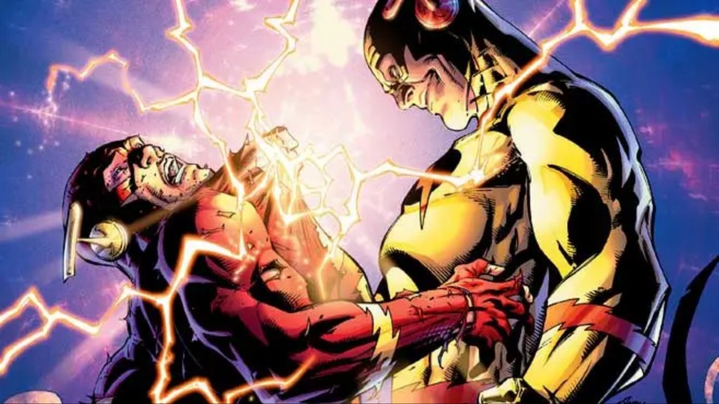 Reverse Flash holding Barry Allen by the scruff of his neck