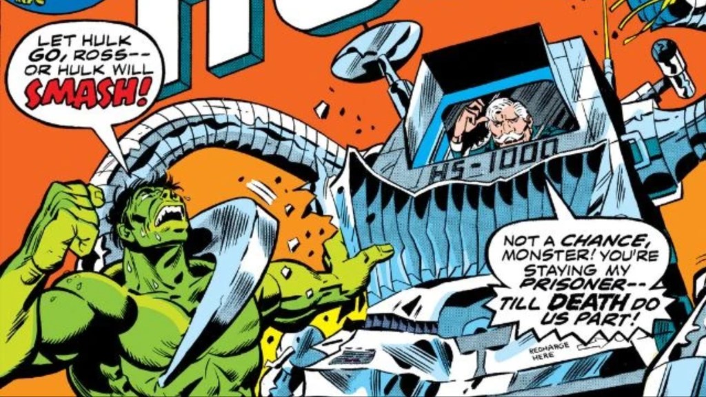 Hulk battling Thunderbolt Ross in a giant mech