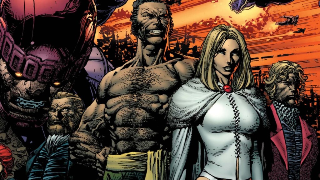 Henry Leland, Sebastian Shaw, Emma Frost, and Donald Pierce in front of a Sentinel