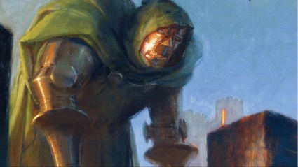 Doctor Doom standing on the parapets of Castle Doom
