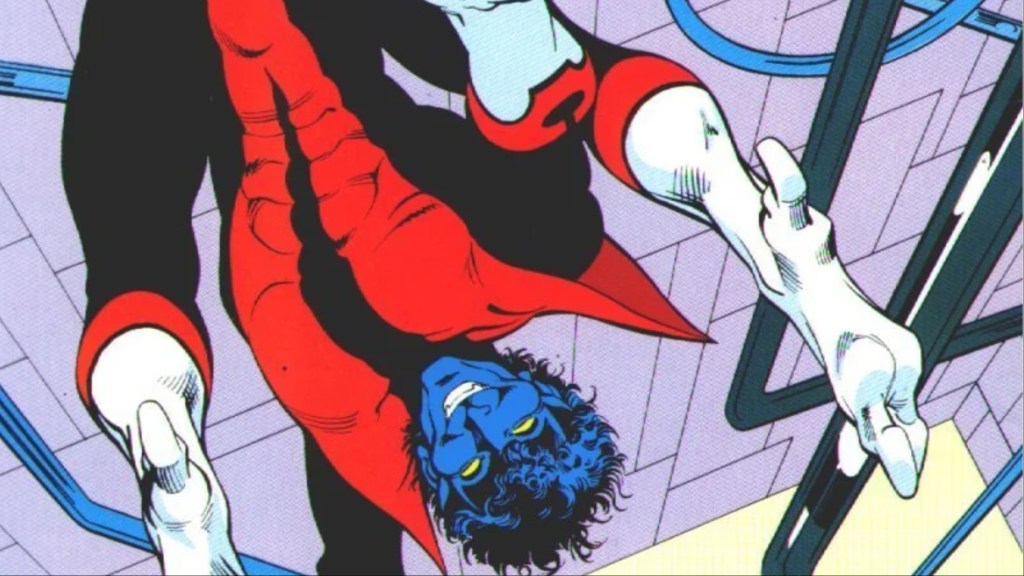 Nightcrawler doing a handstand on his swinging bars
