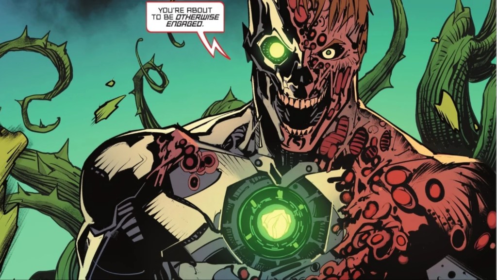 Metallo revealing his cybernetic enhancements