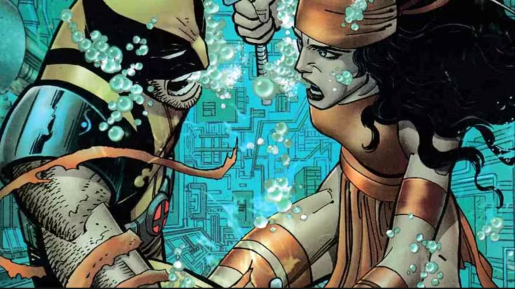 Wolverine battling Elektra underwater