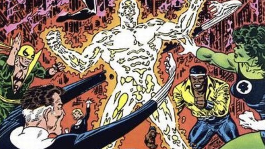 The heroes of the Marvel Universe fighting the Beyonder