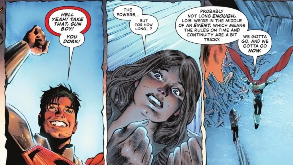 Superboy-Prime and Lois Lane working together to destroy the Darkseid Legion Sun Boy