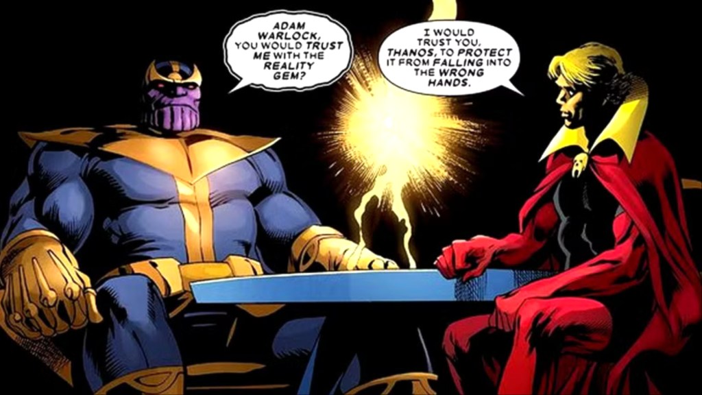 Adam Warlock and Thanos talking about the Reality Gem