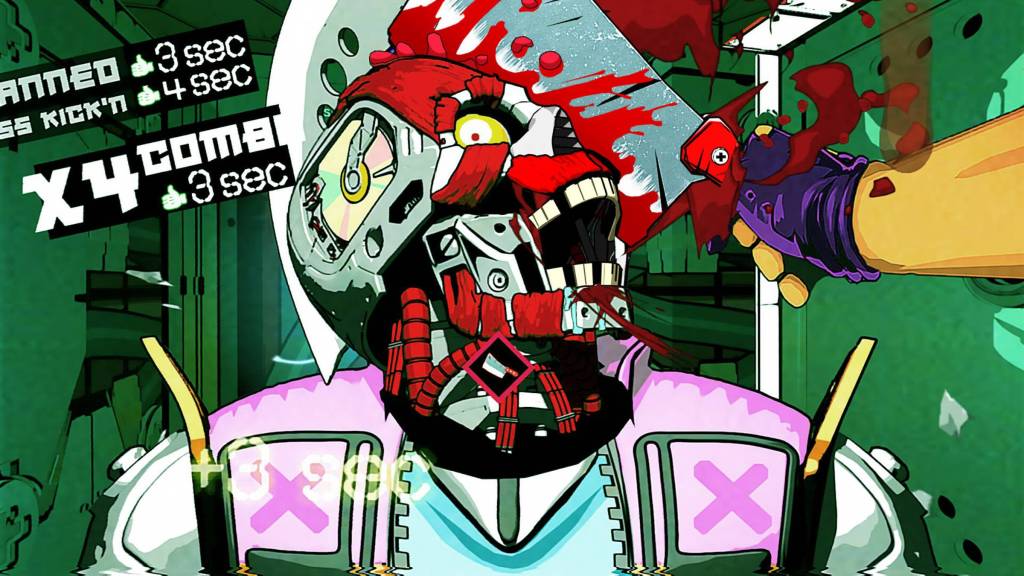 The player cleaving a robot's head in Mullet Madjack