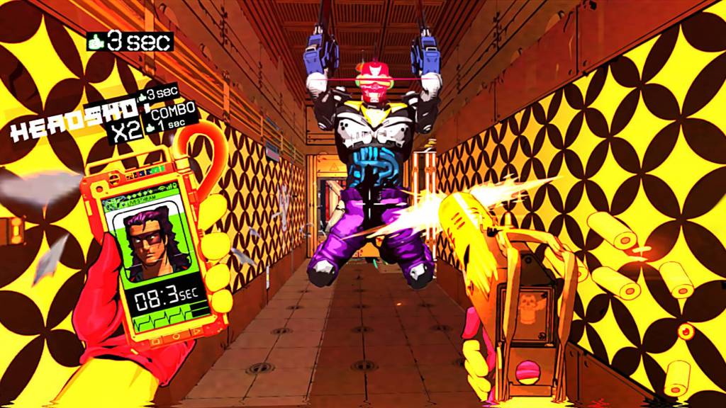 The player shooting an enemy lunging at them in Mullet Madjack
