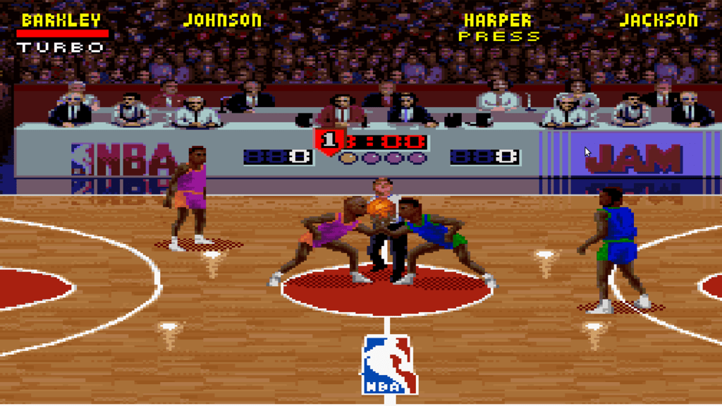 A screenshot from NBA Jam on the Sega Genesis.