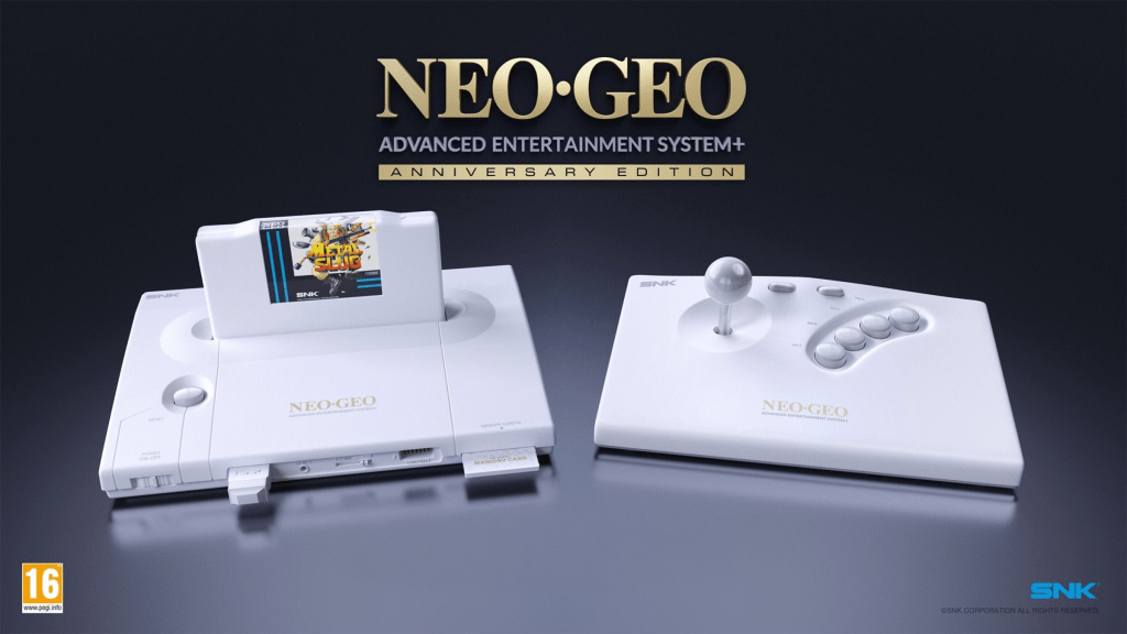 The Neo Geo AES+ system, controller and game cartridge.