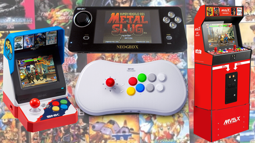 The Neo Geo Mini, Neo Geo X, Neo Geo Arcade Stick Pro, and Neo Geo MVSX over a field of the systems' games' title screens.