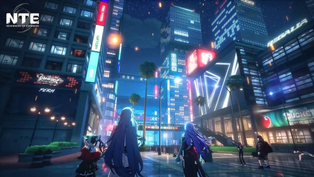 A group of characters looking at a neon-lit city in NTE.