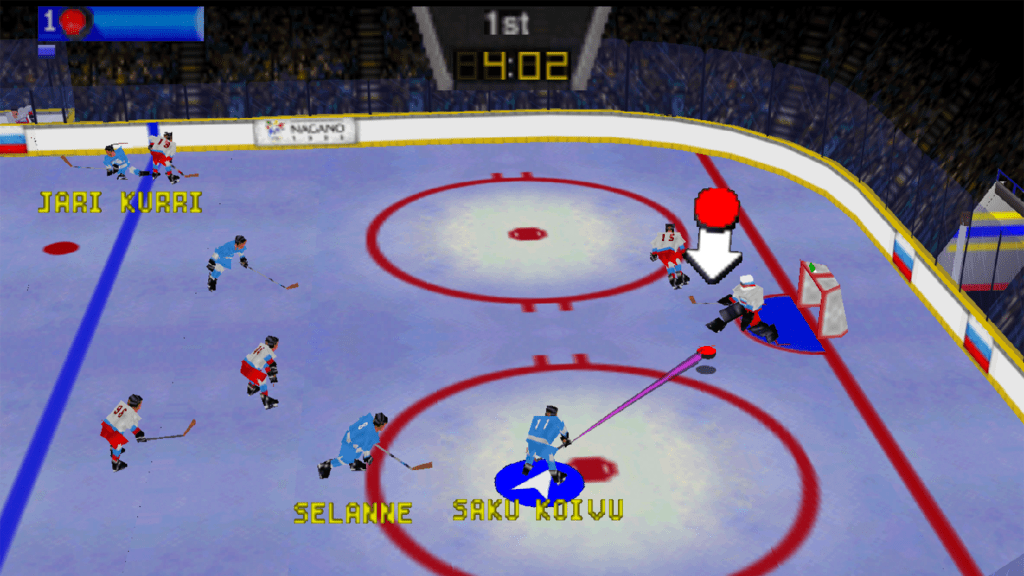 A screenshot from Olympic Hockey '98 on the Nintendo 64.