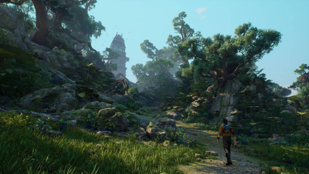 The player exploring a lush jungle in Outcast A New Beginning
