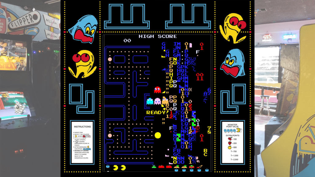 A screenshot from Pac-Man with arcade bezel art over a picture of Retrovolt Arcade.
