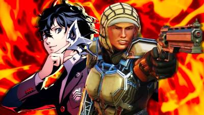 Joker from Persona 5 next to a character from XCOM 2 holding a gun in front of gameplay from Marvel's Midnight Suns.