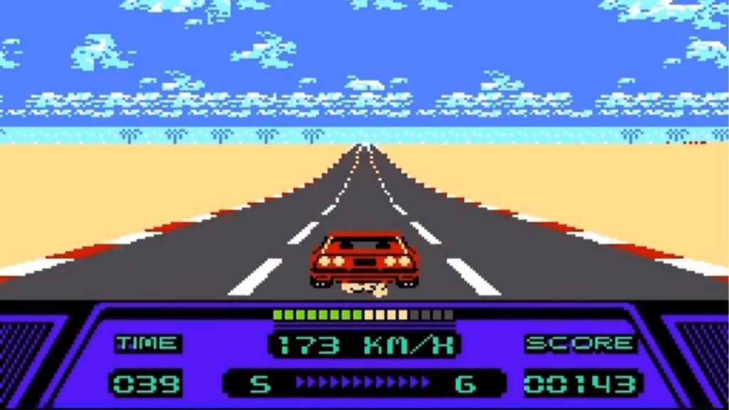 A screenshot from Rad Racer on the NES.