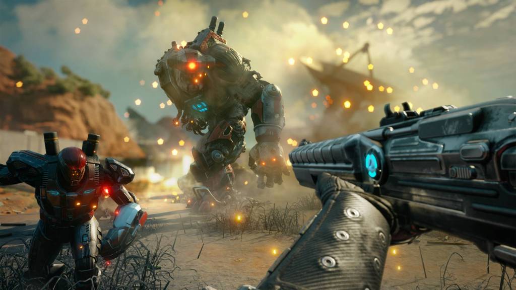 The player aiming at two approaching robot enemies with a shotgun in Rage 2.