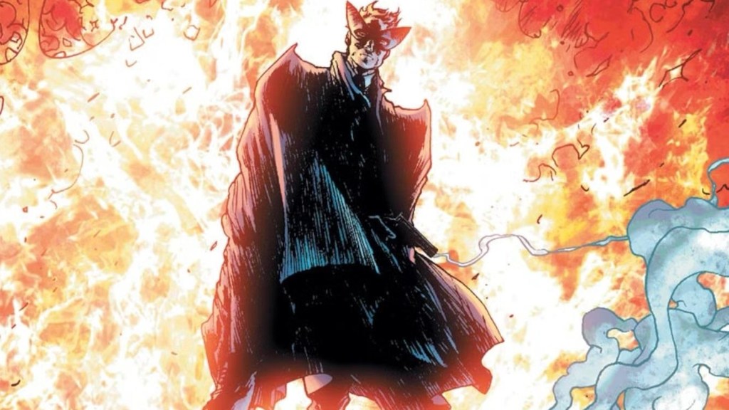 Simon Hurt with Flames Behind Him