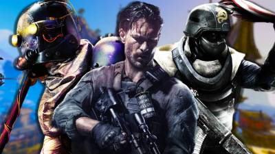 Characters from Rage 2, Sniper Ghost Warrior 3, and Homefront: The Revolution in front of gameplay from Tiny Tina's Wonderlands.