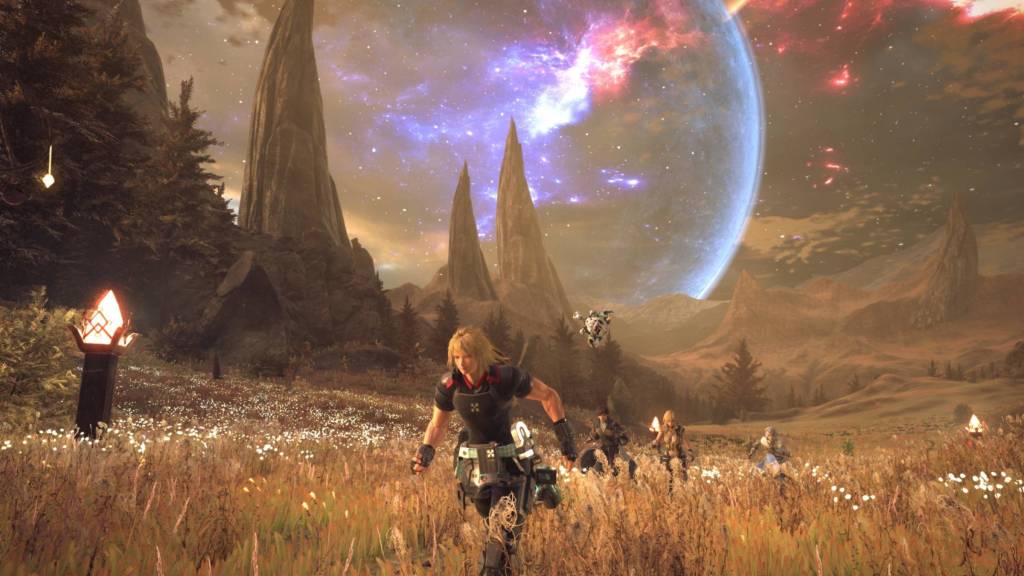 The player running through a field in Star Ocean The Divine Force.