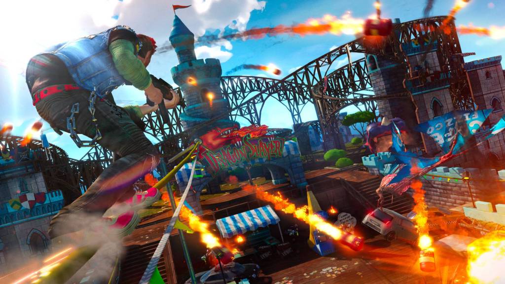 Player grinding over rails while shooting in Sunset Overdrive.