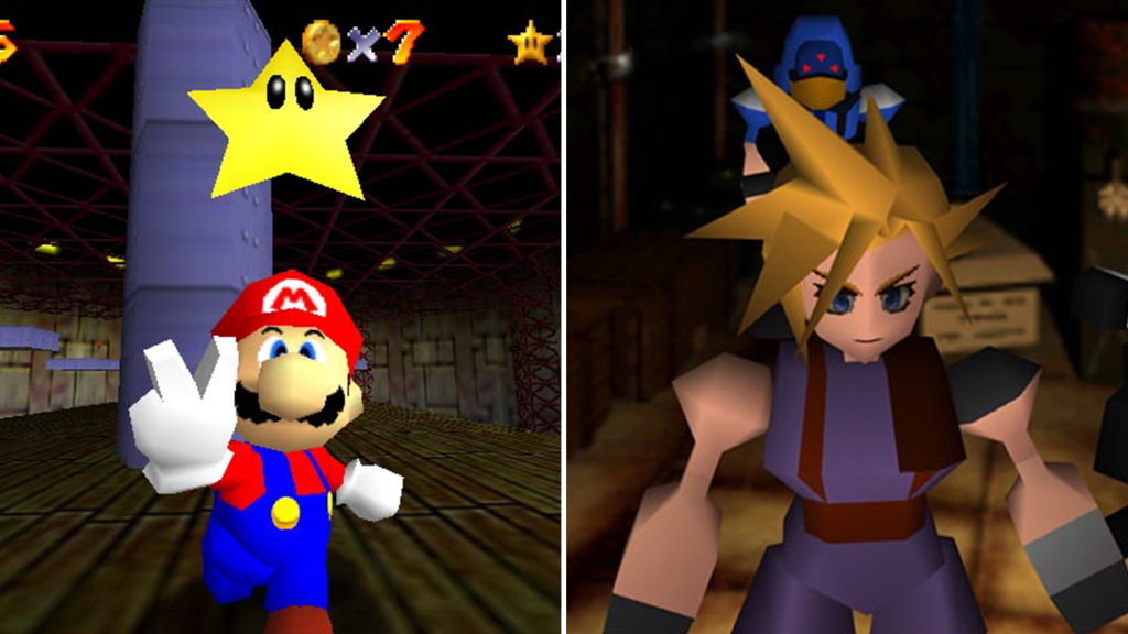 A screenshot from Super Mario 64 on the Nintendo 64 and Final Fantasy VII on the PlayStation.