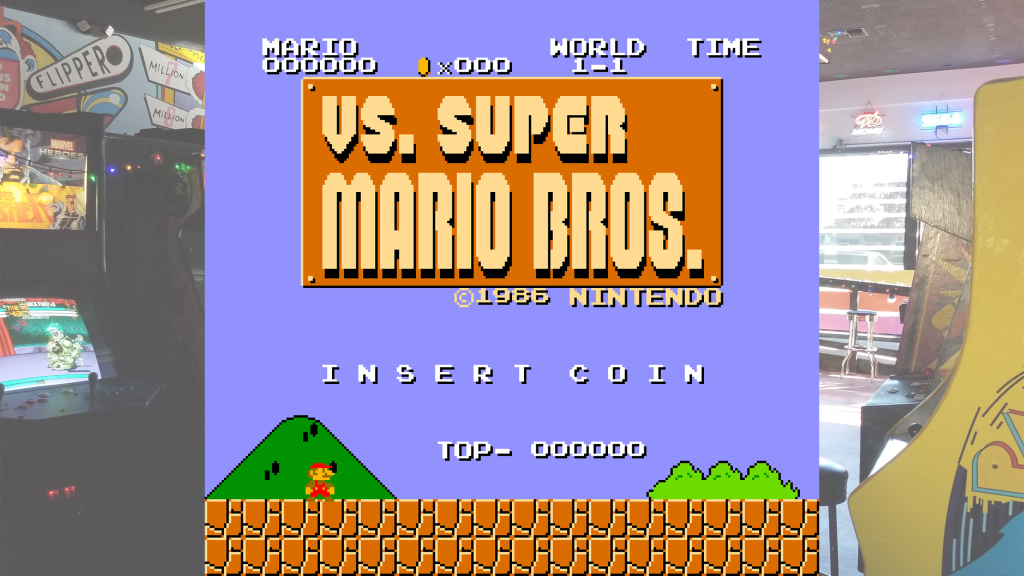 A screenshot from Vs. Super Mario Bros. over a picture of Retrovolt Arcade.