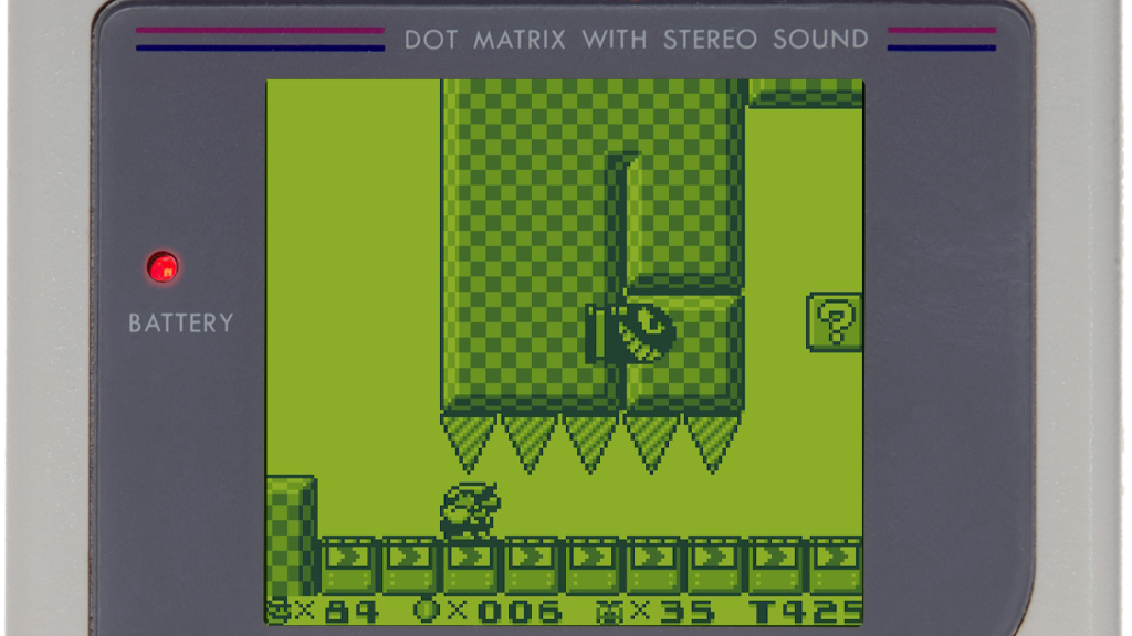 A screenshot from Super Mario Land 2: 6 Golden Coins playing on the Nintendo Game Boy.