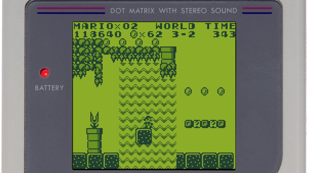 A screenshot from Super Mario Land playing on the Nintendo Game Boy.
